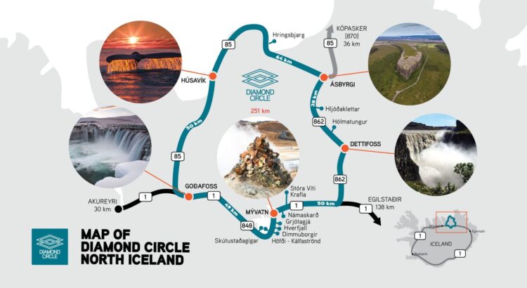 A map of the Diamond Circle route in north Iceland